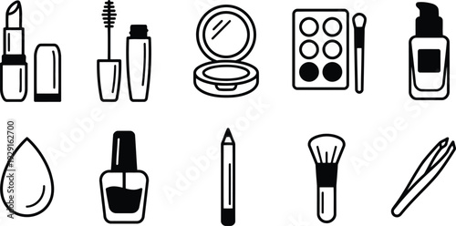 A collection of essential makeup and beauty tools depicted as simple black line art icons