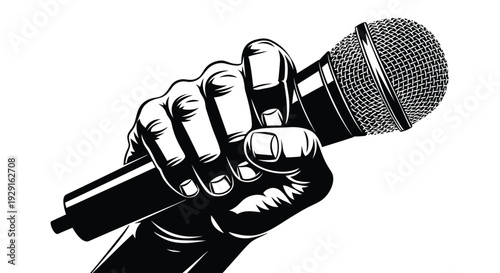 Dynamic vector illustration portraying a powerful hand firmly gripping a classic microphone, symbolizing voice, protest, speech, and impactful public address.