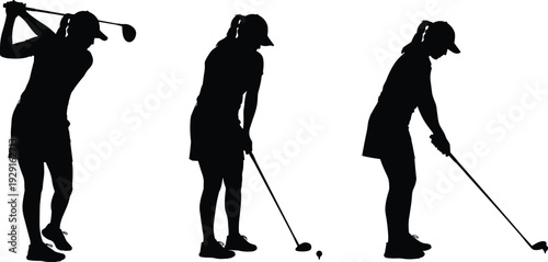 Silhouettes of woman playing golf in three poses black white