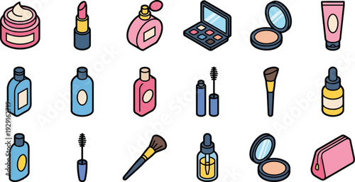 A Collection of Isometric Makeup and Skincare Product Icons Isolated on Transparent Background