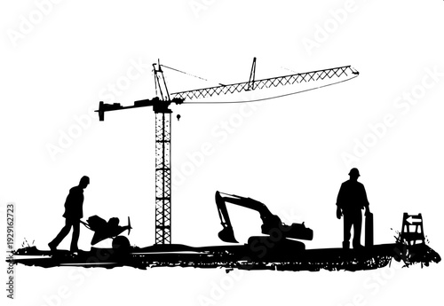 Industrial construction scene silhouette, tower crane and multi-story building frame, monochrome vector design, white background