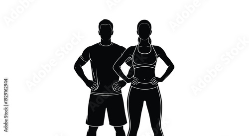 Black and white vector illustration graphic design featuring a fit athletic man and woman standing confidently side by side with hands on hips