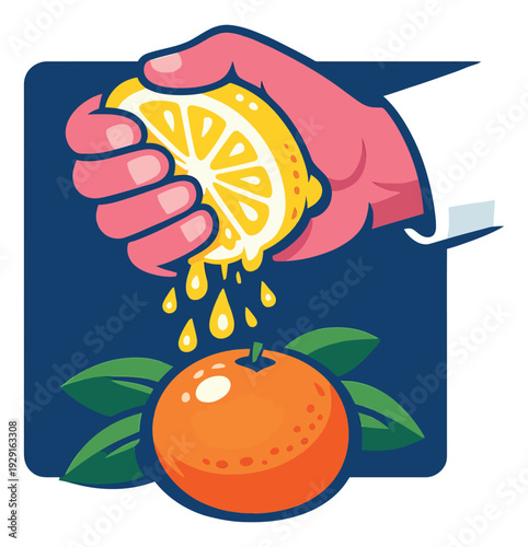 Bold graphic illustration of citrus juice preparation depicting a hand squeezing a lemon for healthy drinks