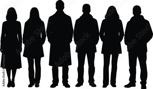 Six people silhouettes standing in a row black