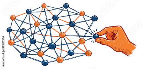 Hand drawn line art illustration of a network depicting a hand connecting nodes for technology and business solutions