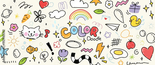 A colorful doodle illustration of various objects and symbols fills the entire scene with creativity and fun hu ai elements