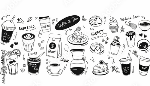 A vibrant illustration of various coffee drinks and desserts on a table in a cozy cafe setting with sweet treats and coffee cups.