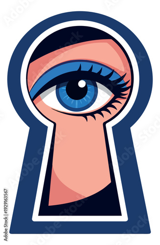 Graphic illustration of an eye looking through a keyhole depicting spying for privacy and secrets