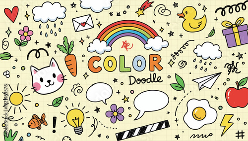 Vibrant doodle illustration of a colorful cat surrounded by various objects and symbols on a yellow background