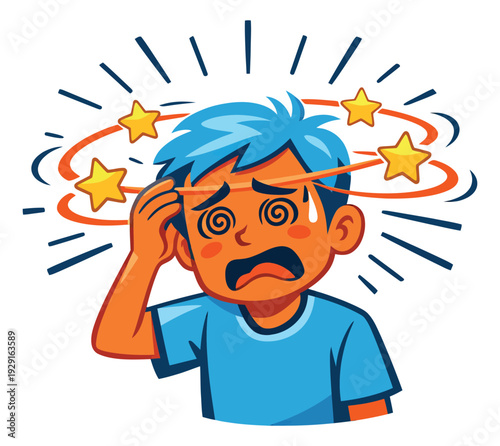 Cartoon illustration of a boy depicting dizziness and confusion for health concepts