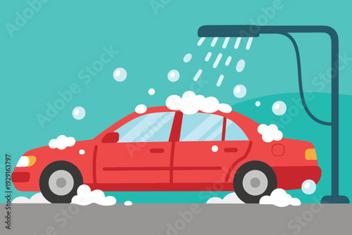 Cartoon illustration of red sedan car covered in soap suds under shower spray, modern minimalist design highlighting automated car wash and everyday vehicle maintenance.