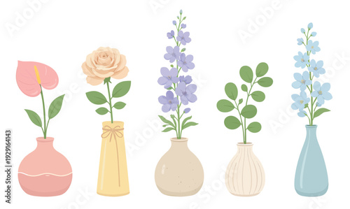 Aesthetic floral illustration set featuring various blooming flowers and green plants in decorative vases for home decor and spring designs