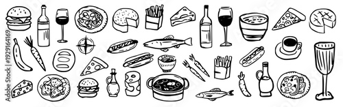 Food and Drink Doodle Line Icon Set – Hand Drawn Fast Food, Pizza, Burger, Wine and Restaurant Vector Collection.