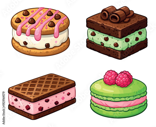 Vibrant cartoon dessert set featuring various ice cream sandwiches and a raspberry macaroon for sweet food concepts