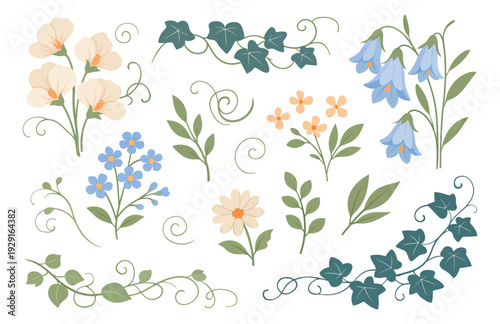 Stylized floral elements set featuring various blooming flowers, green leaves, and decorative vines for spring and summer designs