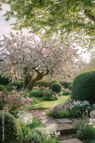 Blossoming cherry tree in a charming spring garden with a stone path leading through vibrant flowers and lush greenery
