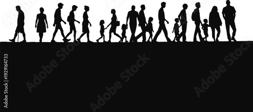 Silhouette group of people walking diverse figures, adults children community migration daily life illustration, human motion graphic design, flat vector