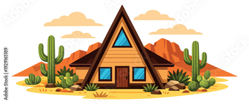 Flat style illustration of an A-frame house depicting a desert landscape with cacti for travel and adventure