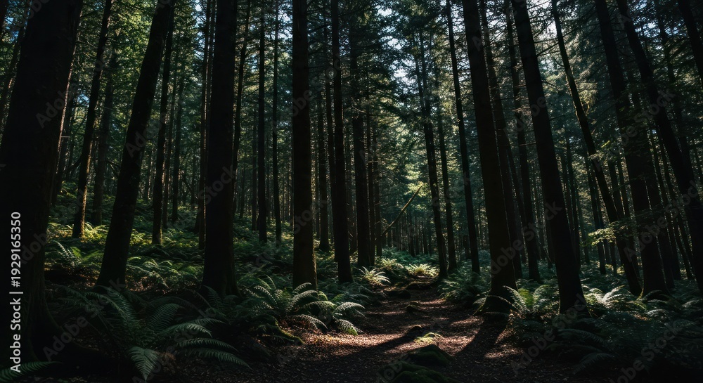 Obraz premium Sun-dappled forest path. Lush, dark green trees line a narrow, shadowed trail. Fern-covered ground