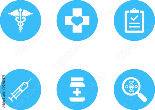 Set of Sky Blue Healthcare Circle Button Icons, Minimalist Vector Symbols for Medical UI and Education