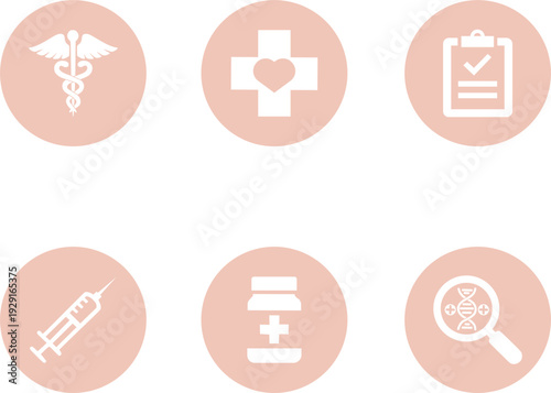 Set of Soft Peach Healthcare Circle Button Icons, Minimalist Vector Symbols for Medical UI and Education