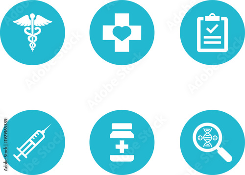 Set of Cyan Soft Blue Healthcare Circle Button Icons, Minimalist Vector Symbols for Medical UI and Education