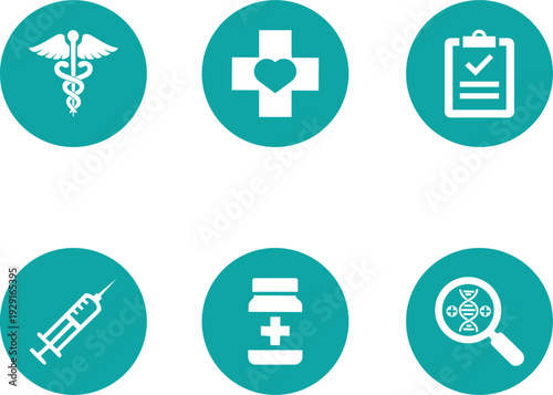 Set of Teal Dark Blue Healthcare Circle Button Icons, Minimalist Vector Symbols for Medical UI and Education