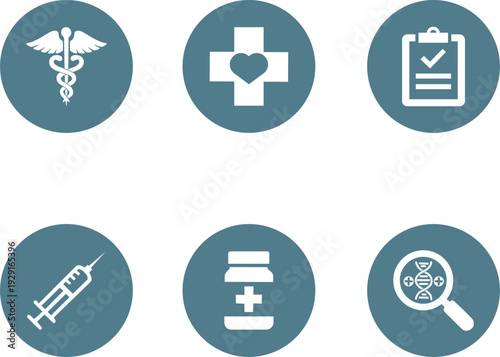 Set of Steel Healthcare Circle Button Icons, Minimalist Vector Symbols for Medical UI and Education