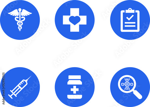 Set of Healthcare Circle Button Icons in Tech Blue with Minimalist Medical Symbols