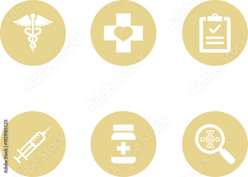 Set of Nude Brown Healthcare Circle Button Icons, Minimalist Vector Symbols for Medical UI and Education