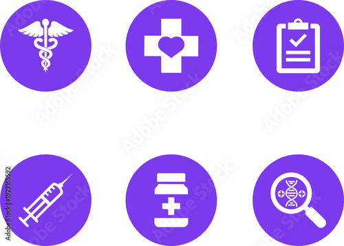 Set of Purple UI Healthcare Circle Button Icons, Minimalist Vector Symbols for Medical UI and Education