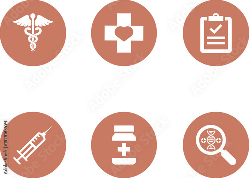 Set of Brown Red Healthcare Circle Button Icons, Minimalist Vector Symbols for Medical UI and Education