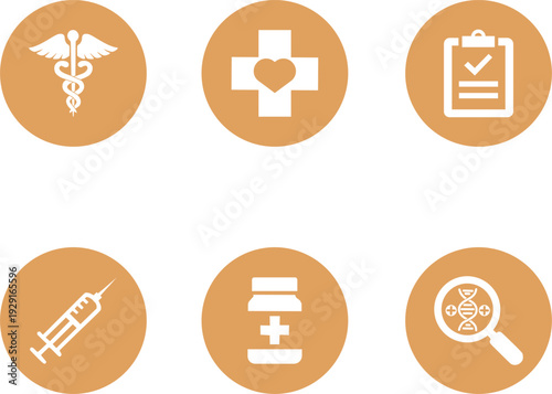 Set of Orange Brown Healthcare Circle Button Icons, Minimalist Vector Symbols for Medical UI and Education