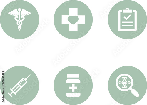 Set of Healthcare Circle Button Icons in Sage with Minimalist Medical Symbols