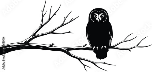 Owl silhouette on tree branch vector, nocturnal bird wildlife illustration, forest nature scene, spooky night symbol, Halloween design element graphic