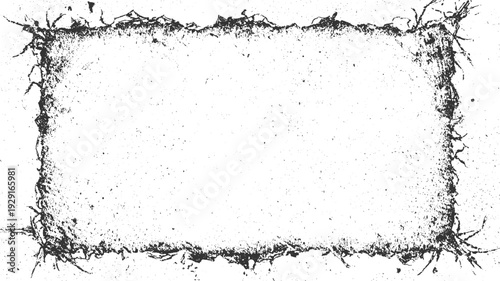 Textured black and white rectangular frame with rough organic edges and scattered speckles border