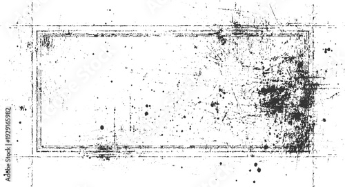 Black ink splatters and scratches forming a distressed rectangular frame on a white background