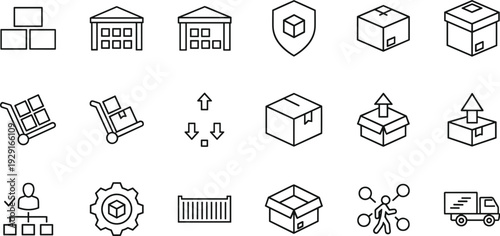 Warehouse and logistics line icons set, packaging delivery symbols, supply chain management, cargo shipping, distribution network, storage transport vector illustration