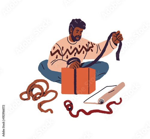 Cute man in Xmas ugly sweater tries to wrap Christmas gifts. Black person is wrapping boxes for winter holiday. Character is preparing presents for New Year. Flat isolated vector illustration on white