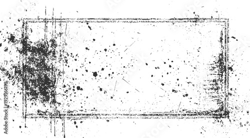 Distressed rectangular frame with grunge texture and ink splatters on white background rectangle