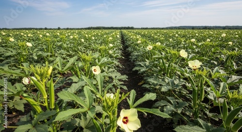 Okra plants growing in a vast agricultural field with white flowers