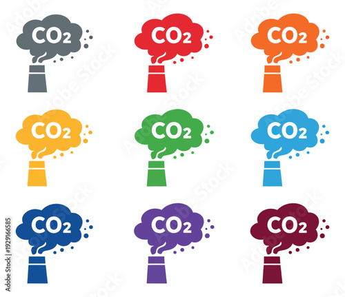 Colorful flat design icon set featuring factory chimneys with carbon dioxide clouds for environmental issues and climate change