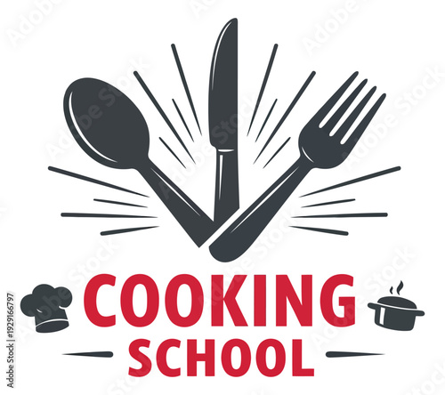 Graphic illustration of a cooking school emblem depicting kitchen utensils, a chef's hat, and a cooking pot for culinary education and branding