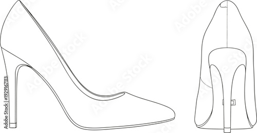 Pointed toe high heel pump technical line art, side and back view with stiletto heel fashion footwear vector template