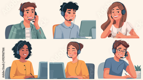 Wallpaper Mural Customer Support Team Set with Headset Operators and Call Center Agents Flat Vector Illustration Torontodigital.ca