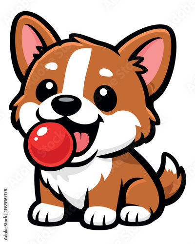 Cute cartoon illustration of a corgi puppy depicting playing with a red ball for children's projects