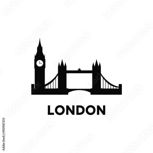 Minimalist black silhouette of tower bridge and big ben in london