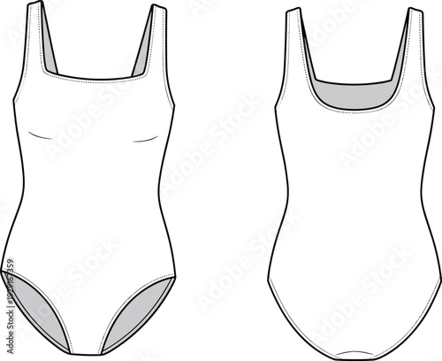 Women basic sleeveless bodysuit vector illustration, front and back view, scoop neck one piece swimsuit mockup, minimalist apparel template