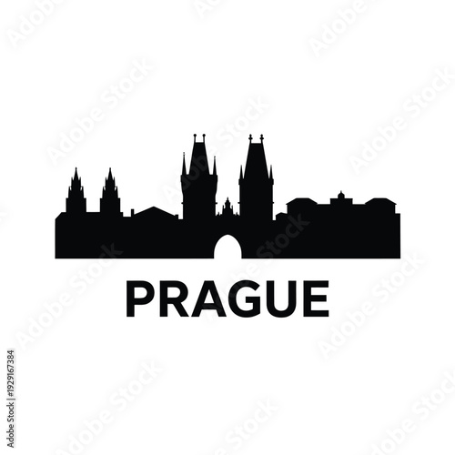 Silhouette of prague cityscape with text below the skyline