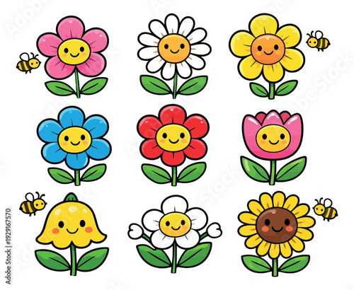 Cute cartoon flower and bee set featuring various smiling blossoms and buzzing bees for spring and summer designs